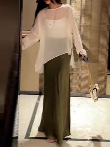 Summer Fashion Thin Long Sleeve Sun Protection T-Shirt Womens High Waist Acetate Halter Skirt Set Polyester Fiber round Neck