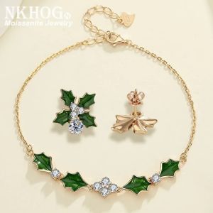 NKHOG 5mm Moissanite Bracelets Earring 925 Sterling Silver Green Maple Leaf Ear Studs for Women Fine Jewelry Sets Gift Certified