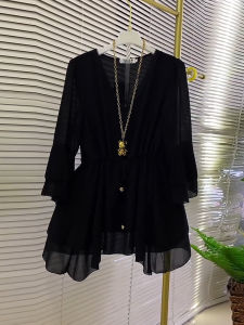 plus Size French Hepburn Style Slimming Black Fashionable Loose Womens V-neck Top for plus Size Sister Large Womens Clothing