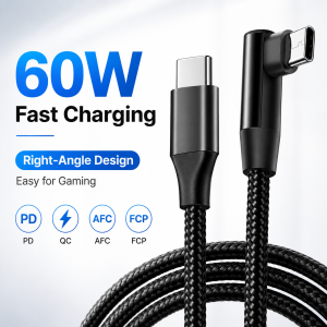 60W USB C to USB C Cable Right Angle PD Fast Charging Nylon Braided Type C Cord for Gaming Phone Tablet Laptop