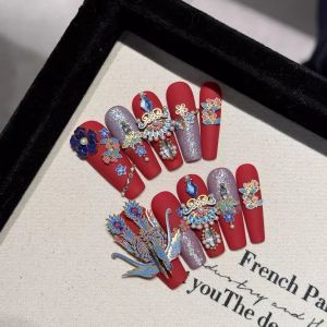 Handmade Wearing Nail Art Phoenix Blue Wedding Nails 3D Wearable Nail Tips Chinese Style Beauty Tools Nail Polishes Accessories