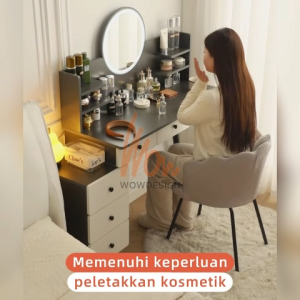 Dressing Table with LED Mirror Meja Solek Makeup Table with Metal Handle Drawer Storage Vanity Table Almari Solek Meja Makeup with Bedside Cabinet