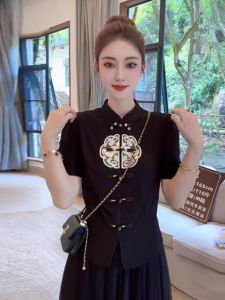 Retro Chinese Style Short Sleeve Shirt Womens Fashion Slim Fit Button up Blouse Summer New Style Casual Embroidery Top