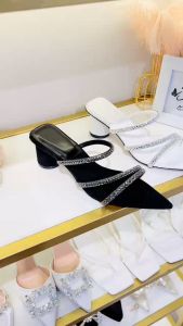 Guốc tròn xéo HALEY STORE cao gót 5cm gót tròn mũi nhọn đính đá quai xoàn lấp lánh tiểu thư đi tiệc đi chơi êm chân