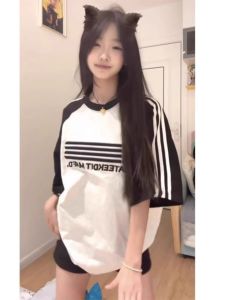 American Color Block Shoulder Insertion Three Bars Short Sleeve T Shirt Womens Loose Half Sleeve Top for Junior High School Students Summer Cotton round Neck Moisture Wicking