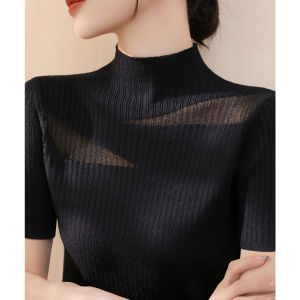 Elegant Slim Black Hollow Out Semi High Neck Knit Short Sleeve Top