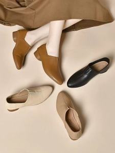 Deep Mouth Chunky Heel Commuter Womens Shoes Soft Bottom Office Low Heel Mom Shoes Fashionable Roman Style Slip-On Flats