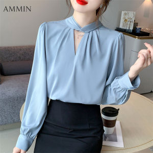 AMMIN Áo Sơ Mi Voan Dài Tay Đa Năng Đi Làm Công Sở Thường Ngày Mùa Thu Mới Cho Nữ Áo Voan Tay Phồng Chữ D Cổ Chữ V Cá Tính Thời Trang Phong Cách Hàn Quốc