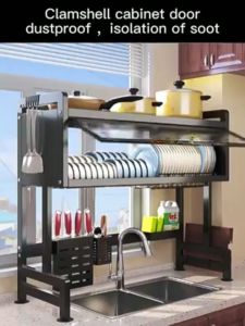 WAHA 【14 free accessories】3-Tier Multi size Kitchen sink dish rack with drainer dish cabinet organizer dryer rack for plates with cover Plate Drying Storage Multi-functional Stainless Steel Dish rack organizer cabinet