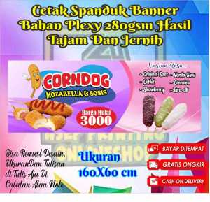 PRINT CETAK SEPANDUK 160×60 CORNDOG MOZARELLA & SOSIS CUSTOM DESAIN