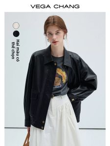 VEGA CHANG | Áo Khoác Da Nữ Đen Ôm Phong Cách Retro Đa Năng Size Nhỏ