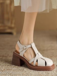 Roman Style Woven Leather Sandals High Heel Thick Heel Buckle Head Covering Sheepskin Summer New Womens Shoes
