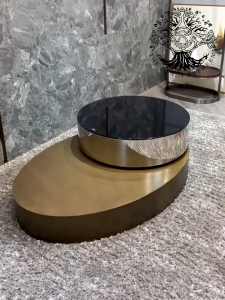 Bàn trà sofa bàn phòng khách bàn cafe nhập khẩu Benson Minotti Elip xoay 2 tầng inox Đồng xước
