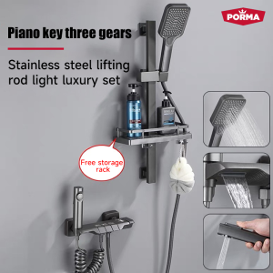 PORMA 304 Stainless Steel Bathroom Hot and Cold Square Shower Set Home Bathroom Thermostatic Shower 4-In-1 Square Shower Set with Rainfall Shower Head Adjustable 360 ° rotation Cold and Hot Water