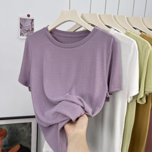 Cool Plaid Cuprammonuium Shoulder Short Sleeve T-Shirt Womens Summer Thin Minimalist Pure Color Loose round Neck Drape Tops