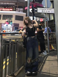 American Retro Street Style Ripped Denim Womens Summer Loose Slim Looking Tall Long Wide Leg Frayed Hem Pants