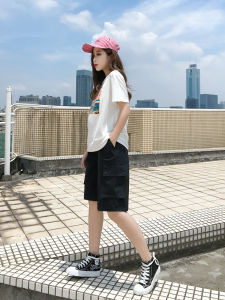 กางเกงขาสั้นทำงานทรงหลวมขาตรงสำหรับผู้หญิง กางเกงขายาวทรงหลวมสไตล์ฮ่องกง กางเกงขายาวทรงสปอร์ตเอวสูง 5 นิ้ว กางเกงขายาวทรงหลวม