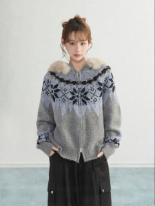 ARCG | Hooded Aran Knit Cardigan Women Thickened Collar Double Zipper Gray
