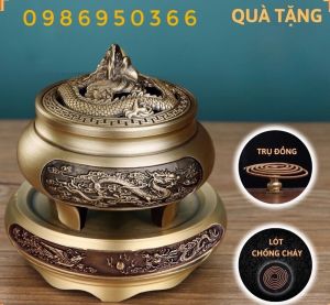 Bộ Lư xông trầm đồng nguyên khối điêu khắc rồng nổi
