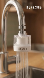 [KURASU] Faucet Purifier for Kitchen with transparent body and stainless steel top.