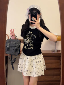 Cute Ballet Bear Lace Trim Short Sleeve T-Shirt Womens Slim Fit Short Length Shoulder Level Top 2025 New Style Cotton Polyester Blend Summer Shirt