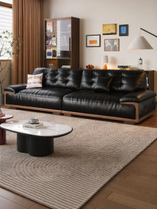 Vintage Mid-Century Modern Real Wood Genuine Semi-Aniline Leather Sofa