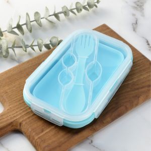 Portable Outdoor Microwave Safe Heat Resistant Foldable Silicon Lunch Box with Fork
