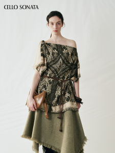 Cello Sonata | Emerald Green Beaded Printed Off-Shoulder T-shirt