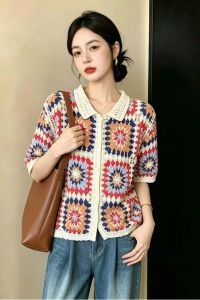 AIYITI | Color Block Hollow Collar Loose Shirt Summer Large Size