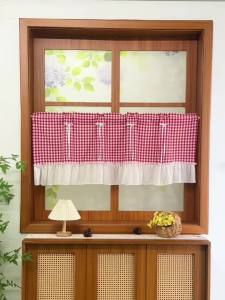 Red White Gingham Curtain Ruffled White Trim Short Valance with Bow Tie for Kitchen Window Cabinet Sink Home Decor
