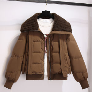 แจ็คเก็ตขนแกะสีแดงสำหรับผู้หญิง ฤดูหนาวปี 2025 เสื้อคลุมกันหนาวสั้น ทรงหลวม แขนยาว คอปกปิดหน้าอก ทรงหลวม แขนยาว ปกติ