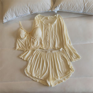 ชุดนอนผู้หญิงแขนยาวผ้าโมดอลคอวี ชุดนอนผู้หญิงฤดูใบไม้ผลิและฤดูใบไม้ร่วง ชุดนอนผู้หญิงสไตล์เกาหลี ชุดนอนผู้หญิงแบบมีแผ่นรองหน้าอก ชุดนอนผู้หญิงสี่ชิ้น