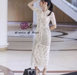 Short Sleeve Two Tone Corded Lace Long Dress - PIMNADACLOSET - P010-034