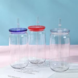 475ml 16oz Transpare Plastic Cup with Leakproof Lids Straws Replacement Lids for Can Shaped Iced Coffee Cups Cute Tumbler Cup