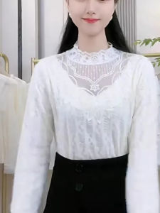 chaqi | Lace Fleece White Underwear Sweater Stand Collar Long Sleeve Versatile Top