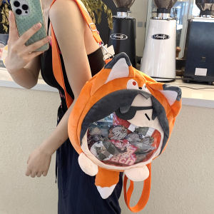 กระเป๋าเป้สะพายหลังนักเรียนสุดน่ารักขนาดใหญ่สำหรับผู้หญิง กระเป๋าเป้สะพายหลังแบบบุขนแกะลายการ์ตูนสีพื้น