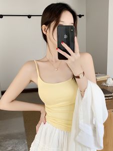 Slimming Summer American Hot Girl U-Neck Strap Vest Womens Beautiful Tight Short Top Covering Side Breast Tank Top