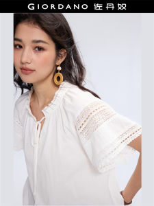 Designer Giordano Cotton Summer New Pure Cotton Lace Trim Stand Collar Hollow out Short Sleeve Womens Shirt 18345203