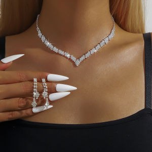 Fashionable Silver Plated Rhinestone Folding Tassel Earrings Necklace Wedding Jewelry Gift Fashionable Style