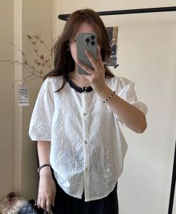 SHIMO | French Embroidery Short Sleeve Lightweight Loose Fit Womens Shirt