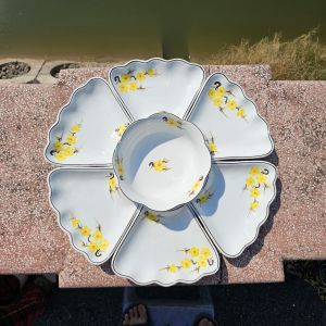 Bộ bát đĩa hoa mặt trời thờ cúng vẽ mai vàng - Hàng gốm sứ Bát Tràng cao cấp