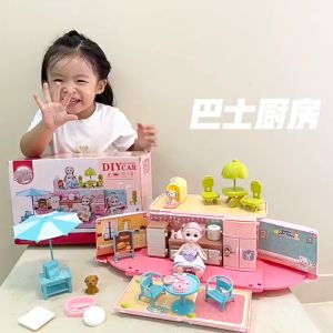 Đồ chơi Xe buýt ngôi nhà búp bê công chúa hồng phấn nhiều chi tiết Nhà búp bê di động Nhà hàng búp bê Nhà Donut búp bê