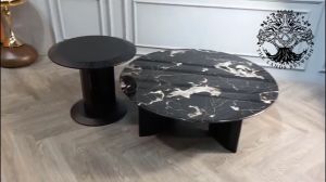 Bàn trà sofa bàn phòng khách bàn đôi cafe nội thất nhập khẩu cao cấp kiểu Ý mặt đá cẩm thạch tròn đen chân gỗ sồi đen