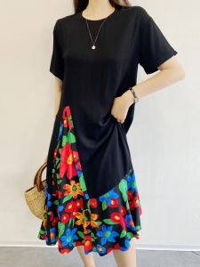 Summer Cotton Silk Dress Womens New Arrival Fashion Elegant Artificial Cotton Niche Loose Plus Size Large Skirt Patchwork Long Dress