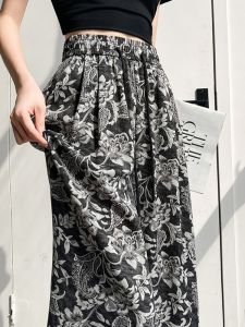 Ice Silk Wide Leg Pants Womens Summer Thin Vintage Waist Nut Flower Loose Drapey Lazy Loose Feelings Pants Floral Print