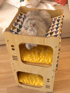 Stackable Cat House for Indoor Cats Bed Wooden Cat Shelter Cat Cube for Cats Kittens and Puppies with Hammock & Pillow Included Cat Tower Modern Design Luxurious Wooden House