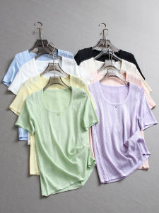 Pure Color Hollow out Knitted Thin Breathable Sweet Style Womens T-Shirt Short Sleeve Summer Casual Slim Fit round Neck Top