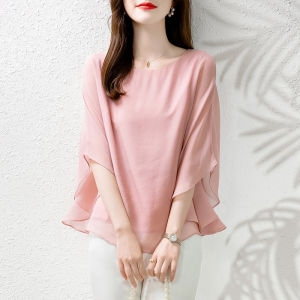 NVSHENJI | Authentic Silk Womens T-shirt Loose Fit Summer New Style Cover Up Top High Waist Batwing Sleeve Round Neck Korean Style