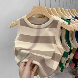Áo Len Dệt Kim Kẻ Sọc Ngắn Không Tay Cho Nữ Mùa Hè 2024 Áo Khoác Ngoài Phong Cách Mới Cổ Tròn Tay Thường Chất Liệu Sợi Dệt Kim