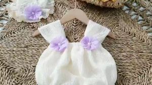 BD114 Bodysuit dây ren kem hoa tím RIOKIDS cho bé gái sơ sinh đi chơi du lịch Lễ Tết